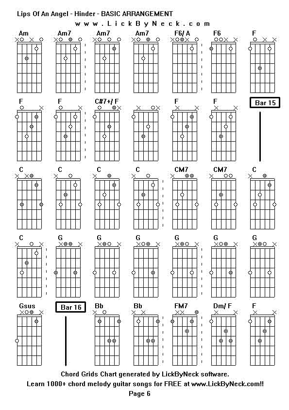 Chord Grids Chart of chord melody fingerstyle guitar song-Lips Of An Angel - Hinder - BASIC ARRANGEMENT,generated by LickByNeck software.